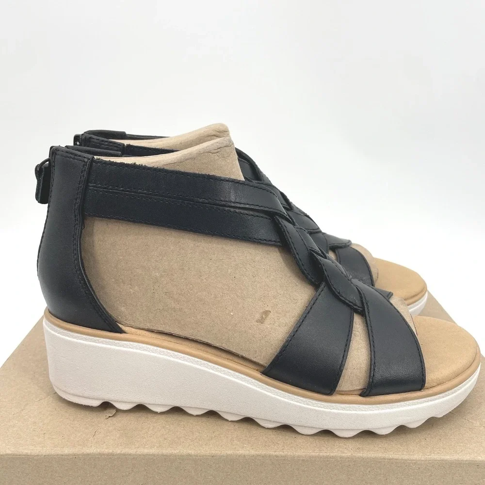 Clarks Jillian Bright Sandals Womens 7.5 Black Leather Wedge Braided Chic Trendy